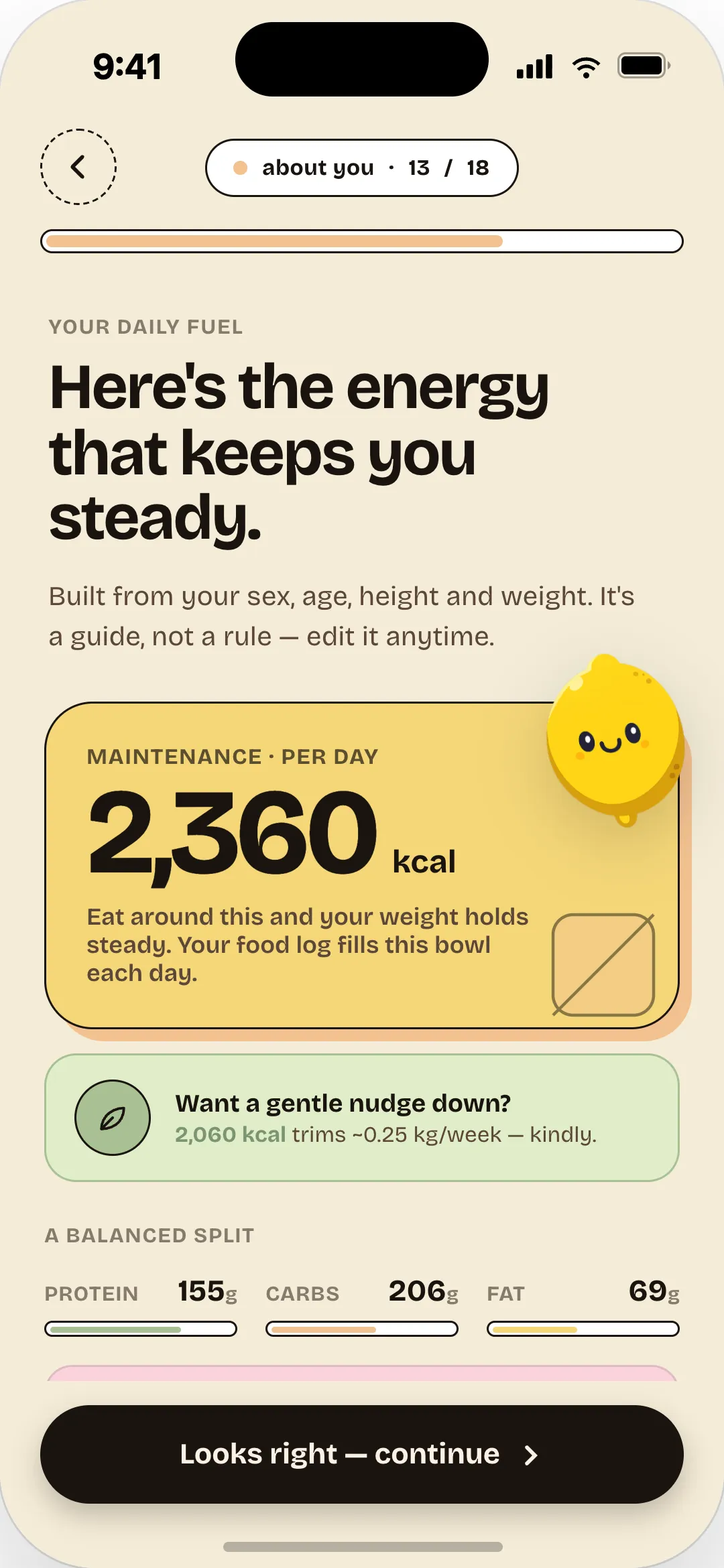 Sour daily fuel screen showing a 2,360 kcal maintenance target and a balanced macro split