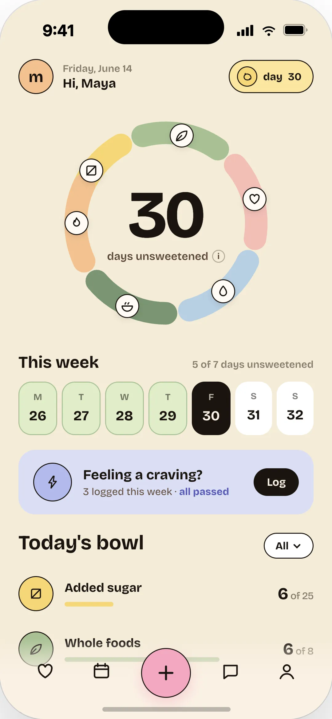 Sour home screen showing 30 days unsweetened and this week's progress