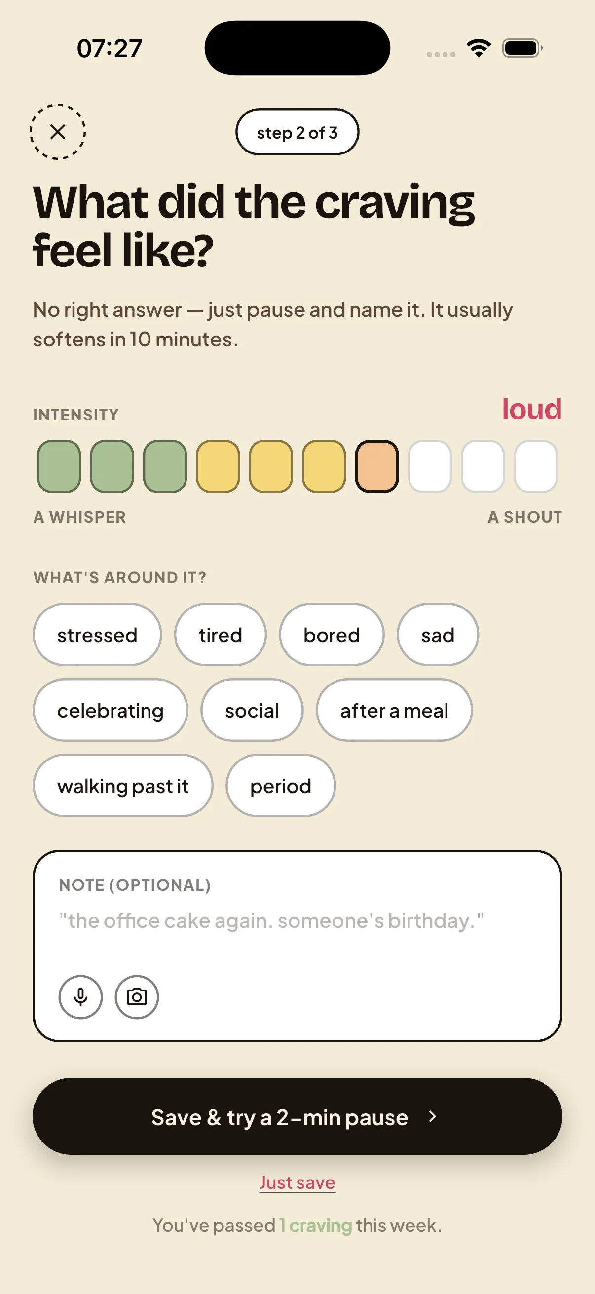 Sour craving log asking what the craving felt like, with an intensity scale and trigger tags