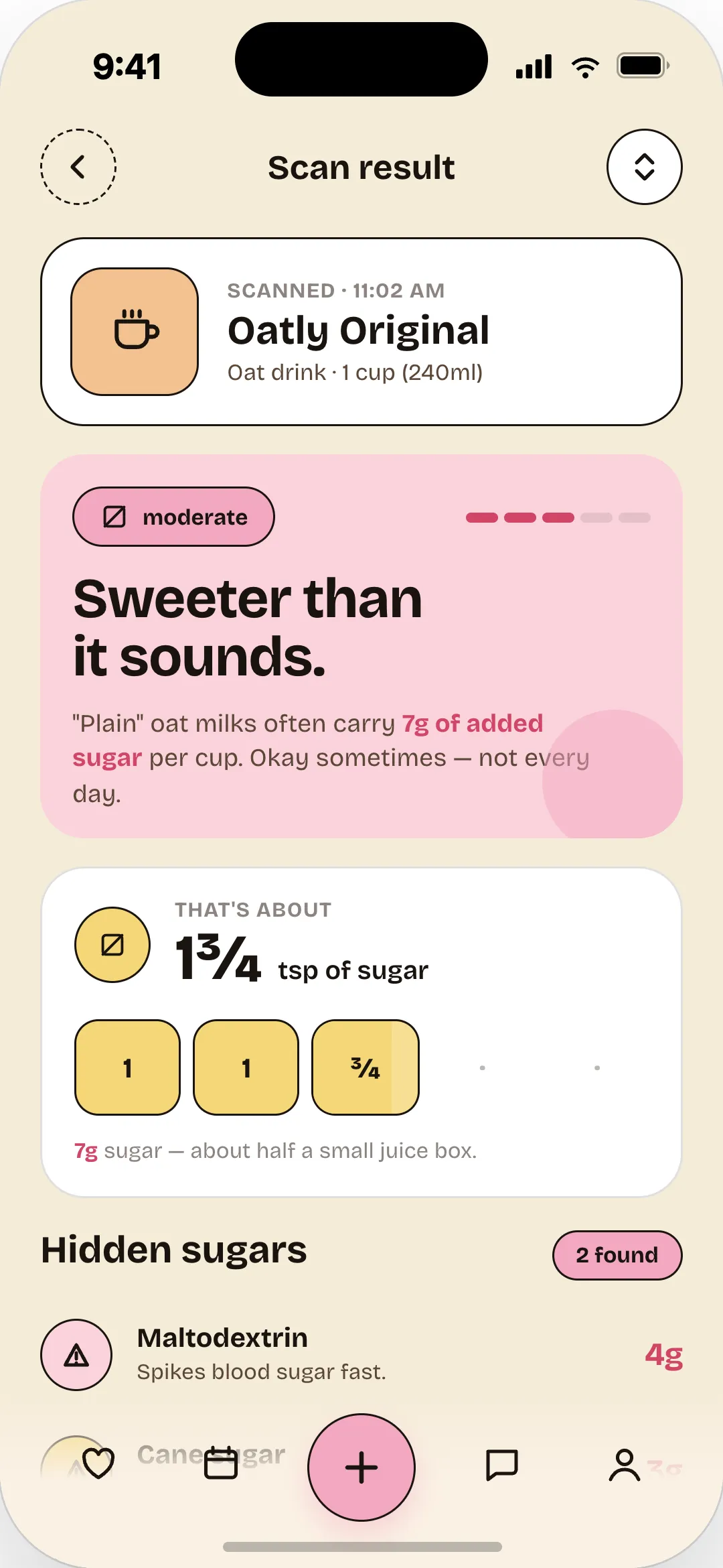 Sour scan result for Oatly Original showing 1¾ teaspoons of added sugar and two hidden sugars found